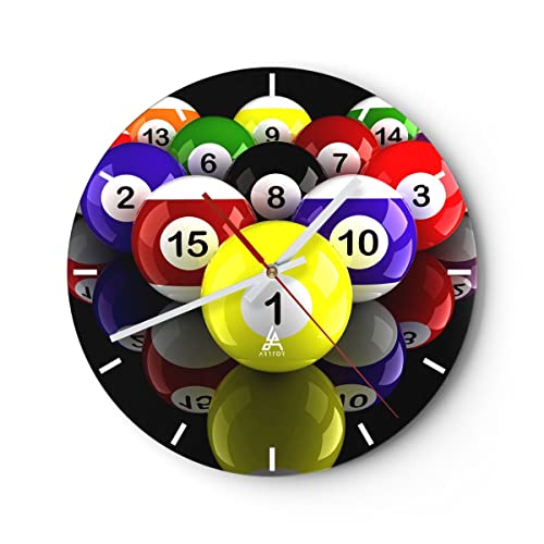 Modern Wanduhr Pool Spiel Wettbewerb 40x40cm Rund Groß Wand Uhr Glas Analog Zimmeruhren Küche Büro Wohnzimmer Glasuhr Wall Clock Dekoration Design Wanddekoration Küchenuhr C3AR40x40-2219 von ARTTOR