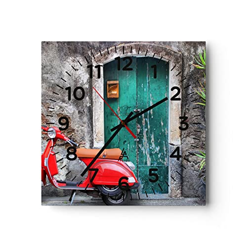 Modern Wanduhr Scooter Transport Italien Retro 40x40cm Quadrat Groß Wand Uhr Glas Analog Zimmeruhren Küche Büro Wohnzimmer Glasuhr Wall Clock Dekoration Design Wanddekoration Küchenuhr C4AC40x40-2571 von ARTTOR