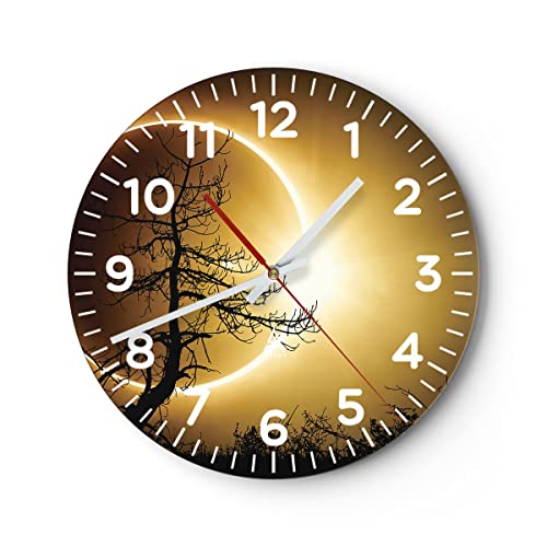 Modern Wanduhr Sonnenfinsternis die Sonne Baum 30x30cm Rund Klein Wand Uhr Glas Analog Zimmeruhren Küche Büro Wohnzimmer Glasuhr Wall Clock Dekoration Design Wanddekoration Küchenuhr C4AR30x30-4349 von ARTTOR