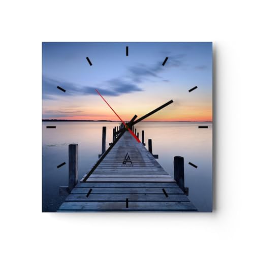 Modern Wanduhr Sonnenuntergang See Wasser Brücke 30x30cm Quadrat Klein Wand Uhr Glas Analog Zimmeruhren Küche Büro Wohnzimmer Glasuhr Wall Clock Dekoration Design Küchenuhr C3AC30x30-2508 von ARTTOR