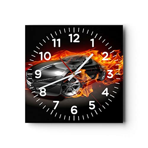 Modern Wanduhr Sportwagen Feuer Flammen Rauch 30x30cm Quadrat Klein Wand Uhr Glas Analog Zimmeruhren Küche Büro Wohnzimmer Glasuhr Wall Clock Dekoration Design Wanddekoration Küchenuhr C4AC30x30-2656 von ARTTOR