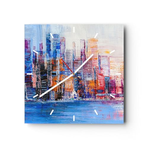 Modern Wanduhr Stadt Die Architektur Wolkenkratzer 40x40cm Quadrat Groß Wand Uhr Glas Analog Zimmeruhren Küche Büro Wohnzimmer Glasuhr Wall Clock Dekoration Design Küchenuhr C3AC40x40-5444 von ARTTOR