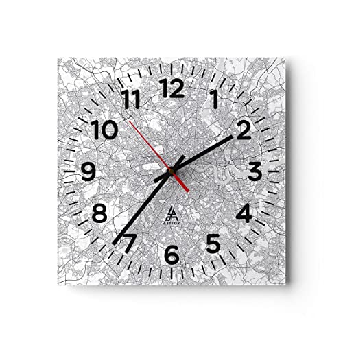 Modern Wanduhr Stadt Karte London 30x30cm Quadrat Klein Wand Uhr Glas Analog Zimmeruhren Küche Büro Wohnzimmer Glasuhr Wall Clock Dekoration Design Wanddekoration Küchenuhr C4AC30x30-4680 von ARTTOR