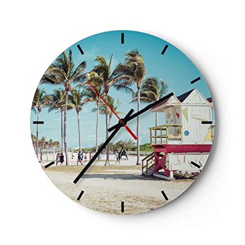 Modern Wanduhr Strand Miami Florida 30x30cm Rund Klein Wand Uhr Glas Analog Zimmeruhren Küche Büro Wohnzimmer Glasuhr Wall Clock Dekoration Design Wanddekoration Küchenuhr C3AR30x30-4332 von ARTTOR