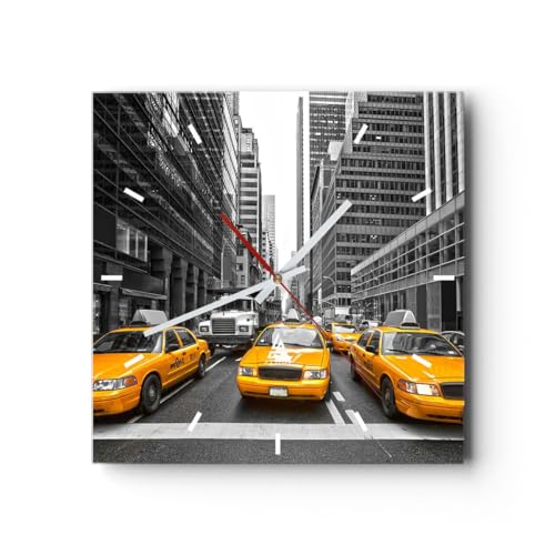 Modern Wanduhr Taxi Stadt Straße Transport 30x30cm Quadrat Klein Wand Uhr Glas Analog Zimmeruhren Küche Büro Wohnzimmer Glasuhr Wall Clock Dekoration Design Wanddekoration Küchenuhr C3AC30x30-2695 von ARTTOR