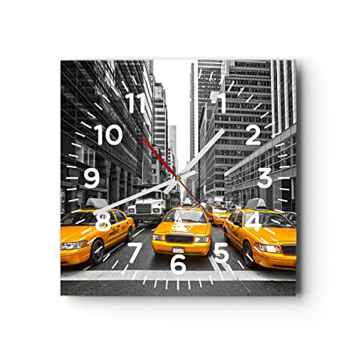 Modern Wanduhr Taxi Stadt Straße Transport 40x40cm Quadrat Groß Wand Uhr Glas Analog Zimmeruhren Küche Büro Wohnzimmer Glasuhr Wall Clock Dekoration Design Wanddekoration Küchenuhr C4AC40x40-2695 von ARTTOR