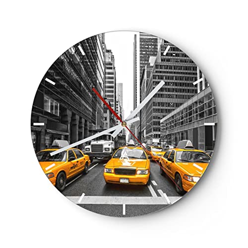 Modern Wanduhr Taxi Stadt Straße Transport 40x40cm Rund Groß Wand Uhr Glas Analog Zimmeruhren Küche Büro Wohnzimmer Glasuhr Wall Clock Dekoration Design Wanddekoration Küchenuhr C3AR40x40-2695 von ARTTOR