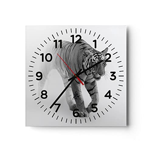 Modern Wanduhr Tiger Monochrom Porträt 30x30cm Quadrat Klein Wand Uhr Glas Analog Zimmeruhren Küche Büro Wohnzimmer Glasuhr Wall Clock Dekoration Design Wanddekoration Küchenuhr C4AC30x30-4626 von ARTTOR