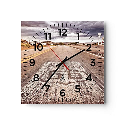 Modern Wanduhr USA Route 66 Reise 30x30cm Quadrat Klein Wand Uhr Glas Analog Zimmeruhren Küche Büro Wohnzimmer Glasuhr Wall Clock Dekoration Design Wanddekoration Küchenuhr C4AC30x30-2712 von ARTTOR