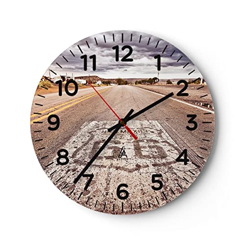 Modern Wanduhr USA Route 66 Reise 40x40cm Rund Groß Wand Uhr Glas Analog Zimmeruhren Küche Büro Wohnzimmer Glasuhr Wall Clock Dekoration Design Wanddekoration Küchenuhr C4AR40x40-2712 von ARTTOR