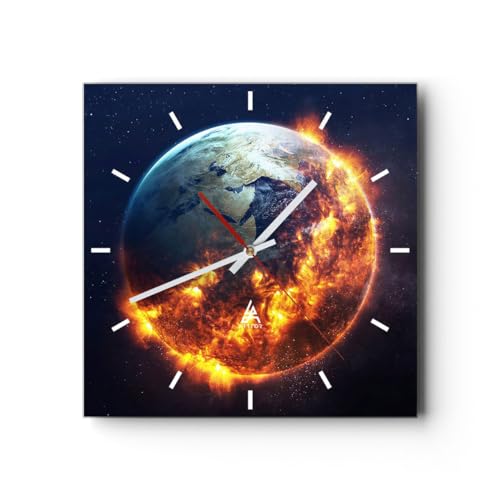 Modern Wanduhr Universum Erde Feuer Globus 30x30cm Quadrat Klein Wand Uhr Glas Analog Zimmeruhren Küche Büro Wohnzimmer Glasuhr Wall Clock Dekoration Design Wanddekoration Küchenuhr C3AC30x30-2875 von ARTTOR