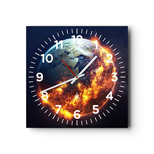 Modern Wanduhr Universum Erde Feuer Globus 40x40cm Quadrat Groß Wand Uhr Glas Analog Zimmeruhren Küche Büro Wohnzimmer Glasuhr Wall Clock Dekoration Design Wanddekoration Küchenuhr C4AC40x40-2875 von ARTTOR