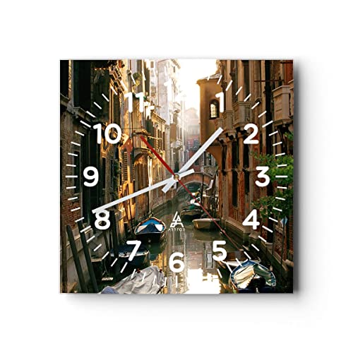 Modern Wanduhr Venedig Brücke Wasser Haus 40x40cm Quadrat Groß Wand Uhr Glas Analog Zimmeruhren Küche Büro Wohnzimmer Glasuhr Wall Clock Dekoration Design Wanddekoration Küchenuhr C4AC40x40-2532 von ARTTOR