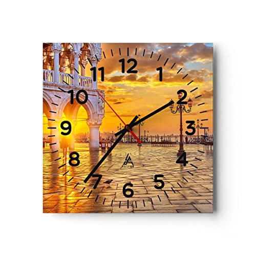 Modern Wanduhr Venedig Stadt 30x30cm Quadrat Klein Wand Uhr Glas Analog Zimmeruhren Küche Büro Wohnzimmer Glasuhr Wall Clock Dekoration Design Wanddekoration Küchenuhr C4AC30x30-3665 von ARTTOR