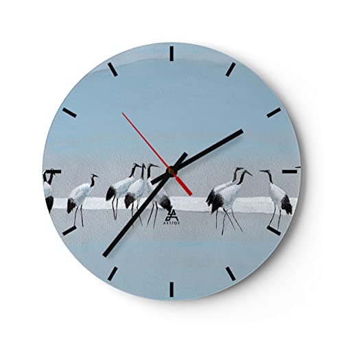 Modern Wanduhr Vögel Kraniche Natur 30x30cm Rund Klein Wand Uhr Glas Analog Zimmeruhren Küche Büro Wohnzimmer Glasuhr Wall Clock Dekoration Design Wanddekoration Küchenuhr C3AR30x30-4921 von ARTTOR