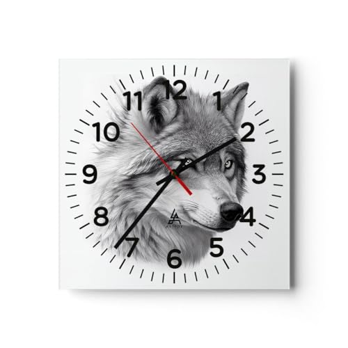 Modern Wanduhr Wolf Tier Skandinavisch 30x30cm Quadrat Klein Wand Uhr Glas Analog Zimmeruhren Küche Büro Wohnzimmer Glasuhr Wall Clock Dekoration Design Wanddekoration Küchenuhr C4AC30x30-5661 von ARTTOR