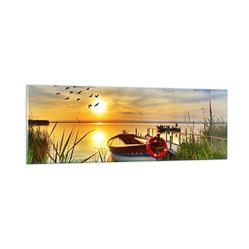 Panorama Bilder auf Glas Boot See Sonnenuntergang Sommer Menschen Glasbild 90x30cm Wandbilder Dekoration Wohnzimmer Schlafzimmer Küche Klein Wanddeko Wand Kunstdruck Art Modern GAB90x30-3053 von ARTTOR