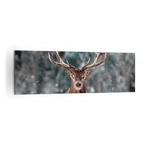 Panorama Bilder auf Leinwand 160x50cm Leinwandbild Hirsch Hirsch Winter Groß XXL Wanddeko Bild Schlafzimmer Küche Wandbilder Dekoration Wohnzimmer Wall Decor Canvas Wand Kunstdruck Art AB160x50-4998 von ARTTOR