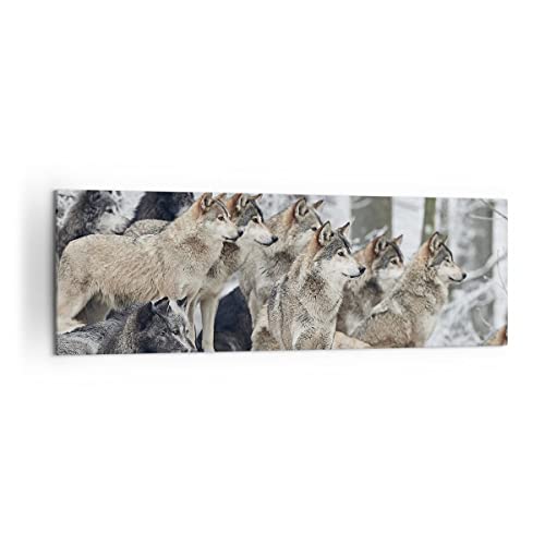 Panorama Bilder auf Leinwand 160x50cm Leinwandbild Rudel Wölfe Winter Groß XXL Wanddeko Bild Schlafzimmer Küche Wandbilder Dekoration Wohnzimmer Wall Decor Canvas Wand Kunstdruck Art AB160x50-4357 von ARTTOR