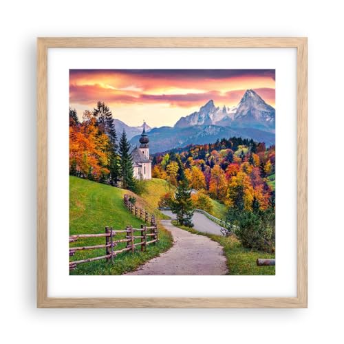 Poster Rahmen helle Eiche Berglandschaft Weg Kirche Deko 40x40cm Wandposter Art Prints Wandbilder Dekoration Wohnzimmer Schlafzimmer Küche Wanddeko Bild Wand Kunstdruck Modern Wall Art P2NAC40x40-5402 von ARTTOR