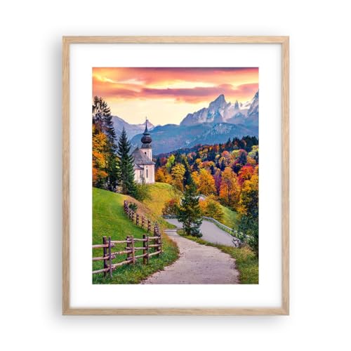 Poster Rahmen helle Eiche Deko 40x50cm Berglandschaft Weg Kirche Wandposter Art Prints Wanddeko Bild Wand Kunstdruck Wandbilder Dekoration Wohnzimmer Schlafzimmer Küche Modern Wall Art P2NPA40x50-5402 von ARTTOR