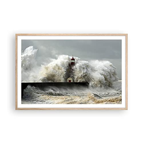 Poster Rahmen helle Eiche Leuchtturm Ozean Sturm Deko 91x61cm Wandposter Art Prints Wandbilder Dekoration Wohnzimmer Schlafzimmer Küche Wanddeko Bild Wand Kunstdruck Modern Wall Art P2NAA91x61-2442 von ARTTOR