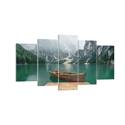 Wandbilder Dekoration Wohnzimmer Berge See Boot Mehrteilige Bilder auf Leinwand 160x85cm Leinwandbild Schlafzimmer Set 5 teilige Wand Kunstdruck Art Groß XXL Wanddeko Bild Decor Canvas EA160x85-3978 von ARTTOR