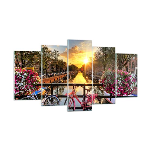 Wandbilder Dekoration Wohnzimmer Bikes Kanal Amsterdam Architektur Mehrteilige Bilder auf Glas 160x85cm Glasbild Schlafzimmer Küche Set 5 teilige Wand Art Groß XXL Wanddeko Modern GEA160x85-3081 von ARTTOR