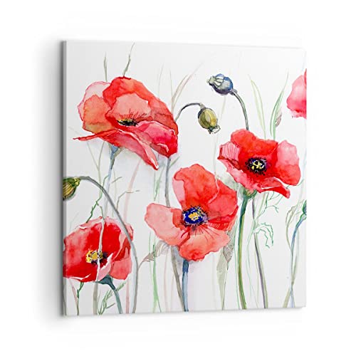 Wandbilder Dekoration Wohnzimmer Blume Mohn Wiese Bilder auf Leinwand 50x50cm Leinwandbild mit Rahmen Schlafzimmer Küche Deko Wand Kunstdruck Art Klein Wanddeko Bild Wall Decor Canvas AC50x50-3584 von ARTTOR