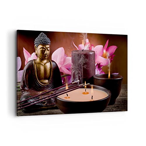 Wandbilder Dekoration Wohnzimmer Buddha Kerzen Religion Bilder auf Leinwand 120x80cm Leinwandbild Schlafzimmer Küche Deko Wand Kunstdruck Art Groß XXL Wanddeko Bild Wall Decor Canvas AA120x80-2631 von ARTTOR