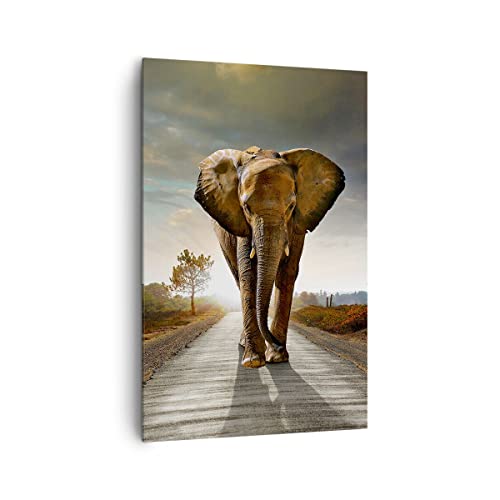 Wandbilder Dekoration Wohnzimmer Elefant Straße Landschaft Bilder auf Leinwand 80x120cm Leinwandbild mit Rahmen Schlafzimmer Küche Deko Wand Kunstdruck Art Groß XXL Wanddeko Bild Canvas PA80x120-0214 von ARTTOR