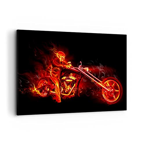 Wandbilder Dekoration Wohnzimmer Flammen Motorrad Skelett Bilder auf Leinwand 120x80cm Leinwandbild Schlafzimmer Küche Deko Wand Kunstdruck Art Groß XXL Wanddeko Bild Wall Decor Canvas AA120x80-0148 von ARTTOR