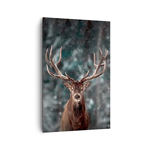 Wandbilder Dekoration Wohnzimmer Hirsch Hirsch Winter Bilder auf Leinwand 80x120cm Leinwandbild mit Rahmen Schlafzimmer Küche Deko Wand Kunstdruck Art Groß XXL Wanddeko Bild Wall Canvas PA80x120-4998 von ARTTOR