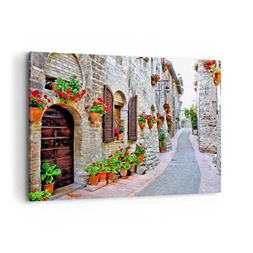 Wandbilder Dekoration Wohnzimmer Italien Straße Blumen Geschichte Bilder auf Leinwand 120x80cm Leinwandbild Schlafzimmer Deko Wand Kunstdruck Art Groß XXL Wanddeko Bild Wall Decor Canvas AA120x80-2817 von ARTTOR