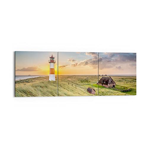 Wandbilder Dekoration Wohnzimmer Leuchtturm Meer Mehrteilige Bilder auf Leinwand 150x50cm Leinwandbild Schlafzimmer Set 3 teilige Wand Kunstdruck Art Groß XXL Wanddeko Bild Decor Canvas CA150x50-3695 von ARTTOR