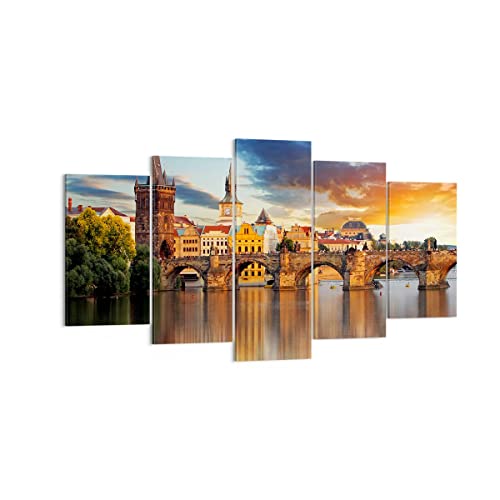 Wandbilder Dekoration Wohnzimmer Prag brücke geschichte fluss Bilder auf Leinwand 160x85cm Leinwandbild Schlafzimmer Set 5 teilige Wand Kunstdruck Art Groß XXL Wanddeko Bild Canvas EA160x85-2819 von ARTTOR