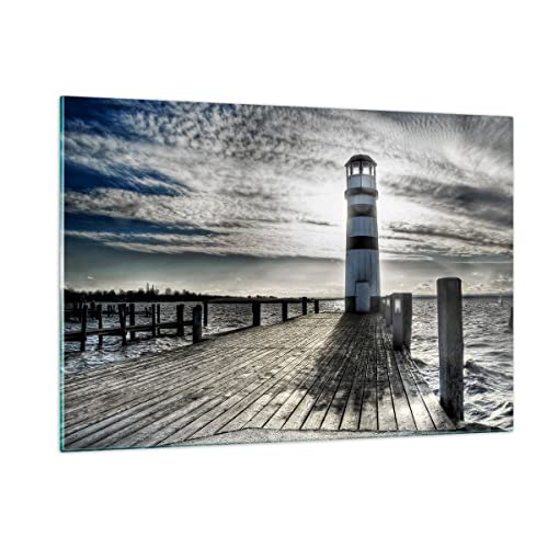 Wandbilder Dekoration Wohnzimmer See Leuchtturm Holzbrücke Wasser Bilder auf Glas 120x80cm Glasbild Schlafzimmer Küche Deko Wand Kunstdruck Art Groß XXL Wanddeko Bild im Glas Modern GAA120x80-0330 von ARTTOR