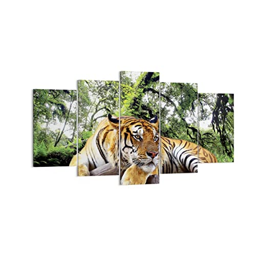 Wandbilder Dekoration Wohnzimmer Tiger Dschungel Ruhe Mehrteilige Bilder auf Leinwand 160x85cm Leinwandbild Schlafzimmer Set 5 teilige Wand Kunstdruck Art Groß XXL Wanddeko Bild Canvas EA160x85-4166 von ARTTOR