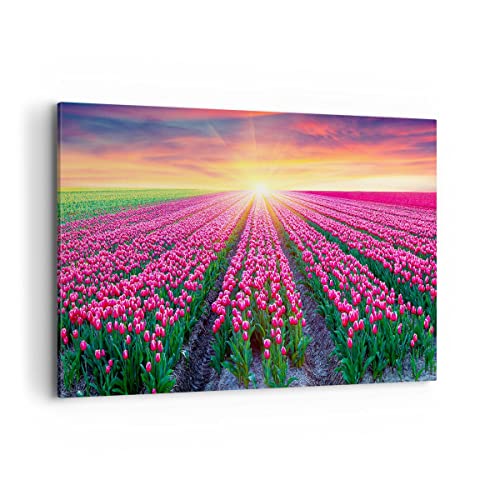 Wandbilder Dekoration Wohnzimmer Wiese Tulpen Sonnenuntergang Frühling Bilder auf Leinwand 120x80cm Leinwandbild Schlafzimmer Deko Wand Kunstdruck Art Groß XXL Wanddeko Bild Decor Canvas AA120x80-2841 von ARTTOR