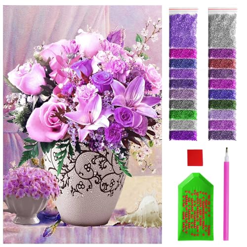 ARTULIO Diamond Painting Set - Bukett violetter Blumen im Vasе - 40x60 cm - Groß XXL - 5D Diamant Painting Bilder DIY, Diamond Painting Erwachsene von ARTULIO