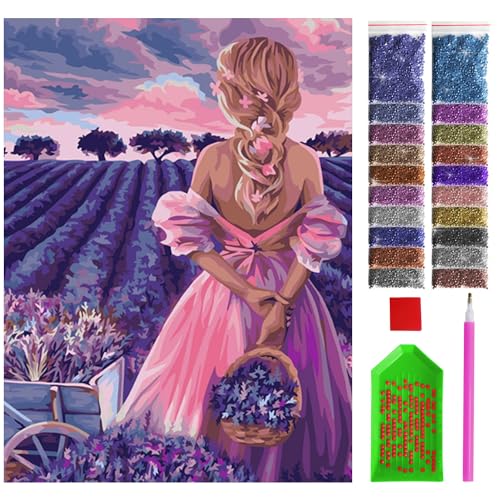 ARTULIO Diamond Painting Set - Eine Frau zwischen violetten Blumen - 30x40 cm – 5D Diamant Painting Bilder DIY, Diamond Painting Erwachsene von ARTULIO
