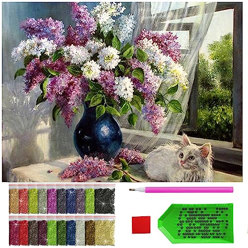 ARTULIO Diamond Painting Set - Ein Fliederstrauß mit einem Kätzchen - 30x40 cm – 5D Diamant Painting Bilder DIY, Diamond Painting Erwachsene von ARTULIO