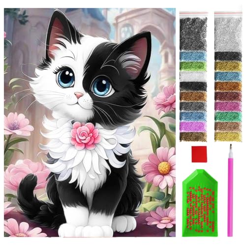 ARTULIO Diamond Painting Set - Niedliche Katze unter Blumen - 30x40 cm – 5D Diamant Painting Bilder DIY, Diamond Painting Erwachsene von ARTULIO