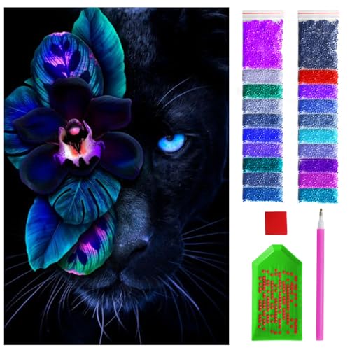 ARTULIO Diamond Painting Set - Schwarze Pantherin mit leuchtenden Blumen - 40x60 cm - Groß XXL - 5D Diamant Painting Bilder DIY, Diamond Painting Erwachsene von ARTULIO