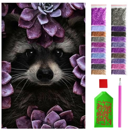 ARTULIO Diamond Painting Set - Waschbär in violetten Blumen - 40x60 cm - Groß XXL - 5D Diamant Painting Bilder DIY, Diamond Painting Erwachsene von ARTULIO