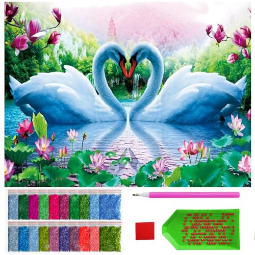 ARTULIO Diamond Painting Set Schwäne – 5D Diamant Painting Bilder 30x40 cm mit Diamond Painting Zubehör für Kinder und Erwachsene - Crystal Art - Wand Deko von ARTULIO