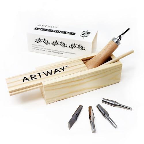 Artway Lino Cutting Tools – Ideal for Relief Printmaking – 5 Assorted Cutting Nibs and Ergonomic Handle in Wooden Storage Box von ARTWAY