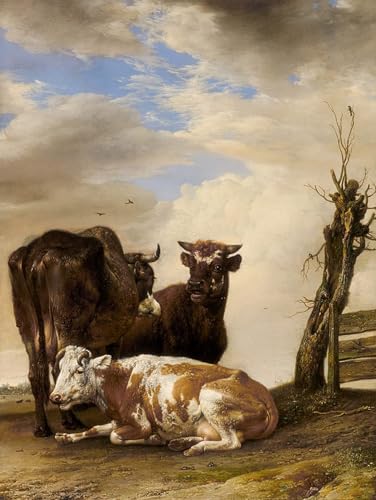 ARTXLXXBN Berühmte Gemälde Leinwand Drucke Porträts Wandkunst Zwei Tiere und ein junges Tier neben einem Zaun auf einer Wiese von Paulus Potter Leinwand Ölgemälde für Wanddekoration 60x90cm von ARTXLXXBN