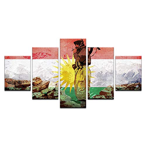 Artzon 5 Panel Wandkunst Leinwand Modulare Bild Hd Kurdischer Soldat Flagge Hd Bilder Dekoration@ 30X45Cmx2 30X55Cmx2 30X70Cmx1-Ohne Rahmen von ARTZON