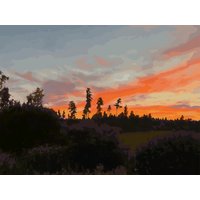 stimmungsvoller Sonnenuntergang Natur Landschaft Malerei Leinwand Wand Kunstdruck, Wald Wandbehang in Grün Und Orange von ARTbyGITA